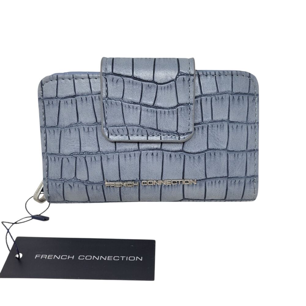 French Connection Emmy Croco Fold Snap Zipper Wallet in Denim Blue NWT $48